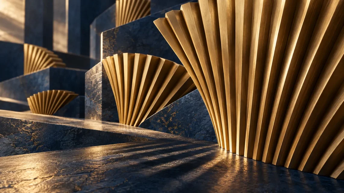 Repeating brass flutes against midnight-blue planes revealed by directional light