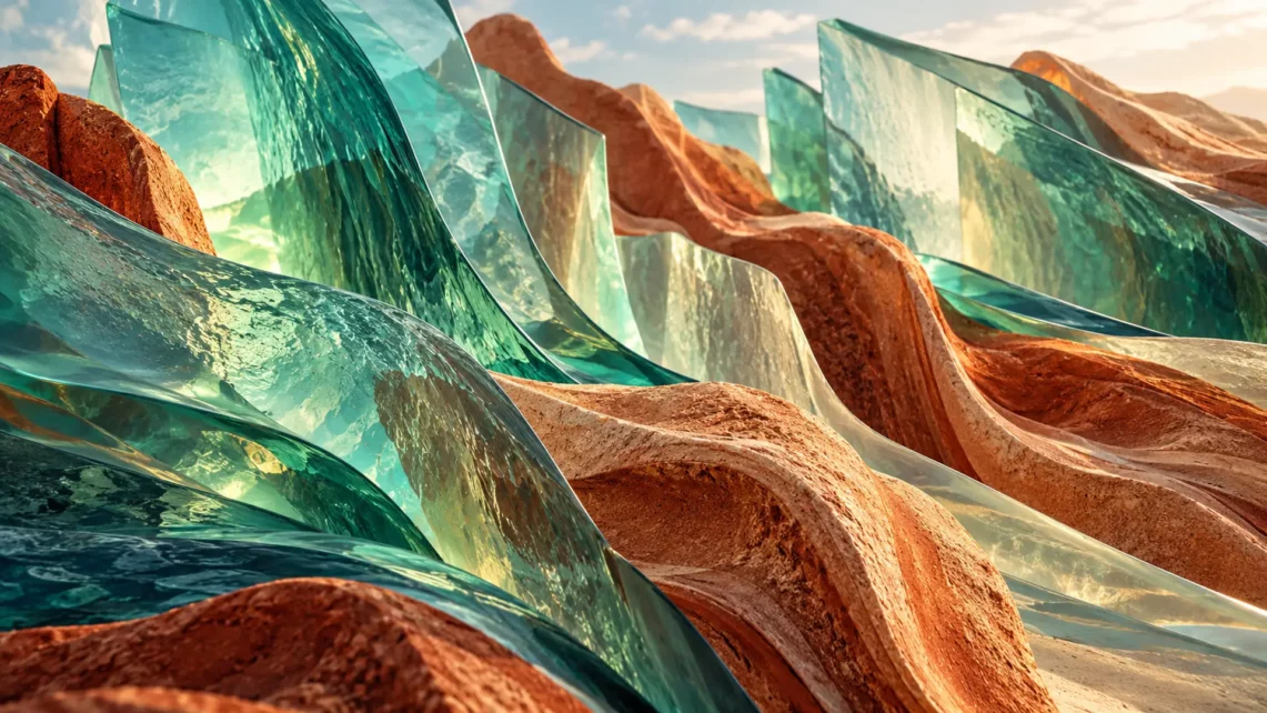 Translucent teal glass and terracotta mineral forms sharing a flowing direction